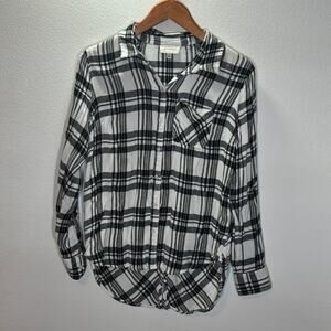 Lucky Brand Womens M Plaid Button Down Shirt Black White High Low Hem Top
